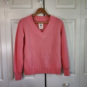 IZOD Womens Pink Textured Honeycomb V-Neck Cotton Blend Sweater Small Colorful
